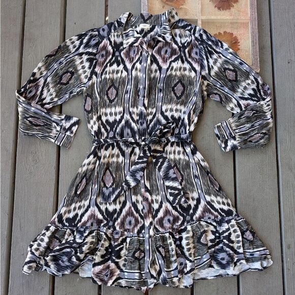Anthro Tiny Ikat Button Front Mini Shirt Dress M Boho Ruffle‎ Hem Graphic Print - Picture 1 of 8